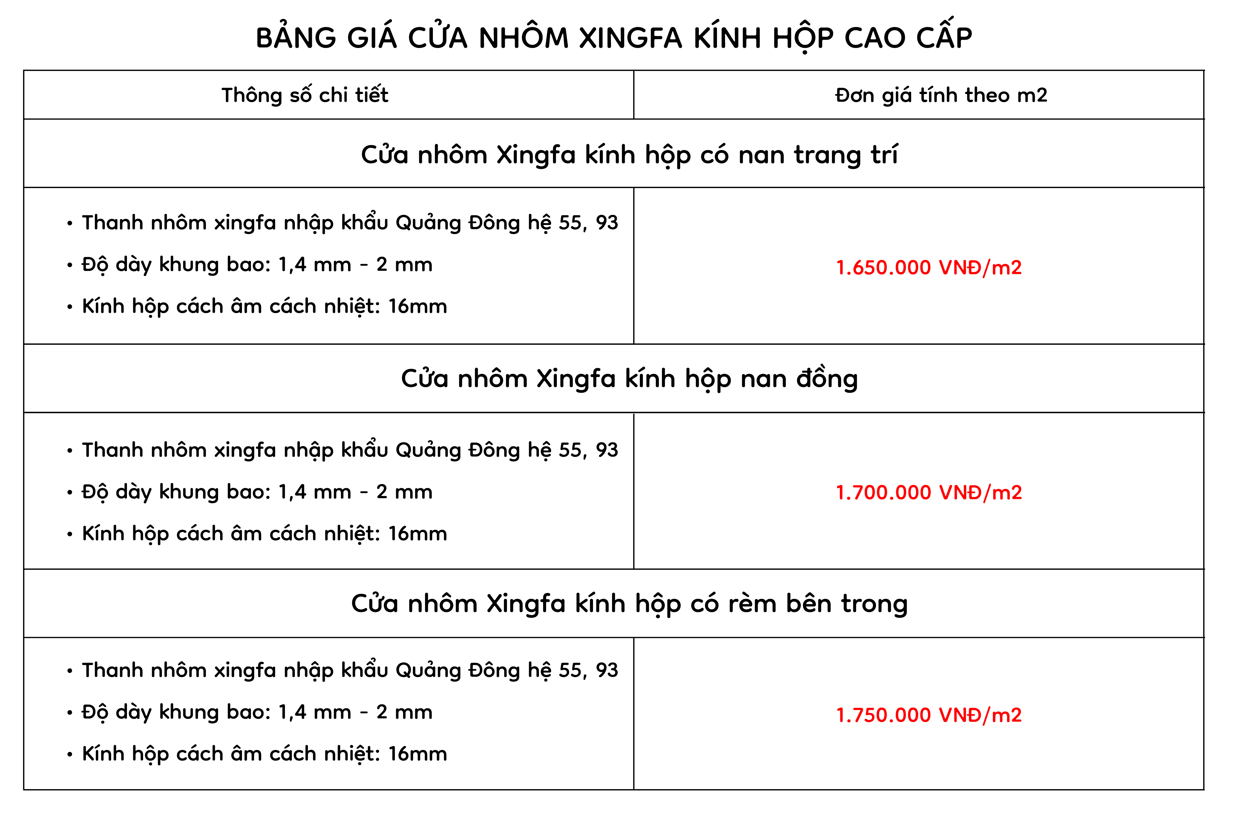 Bảng giá cửa nhôm xingfa kính hộp cao cấp Bảng giá cửa nhôm xingfa kính hộp cao cấp