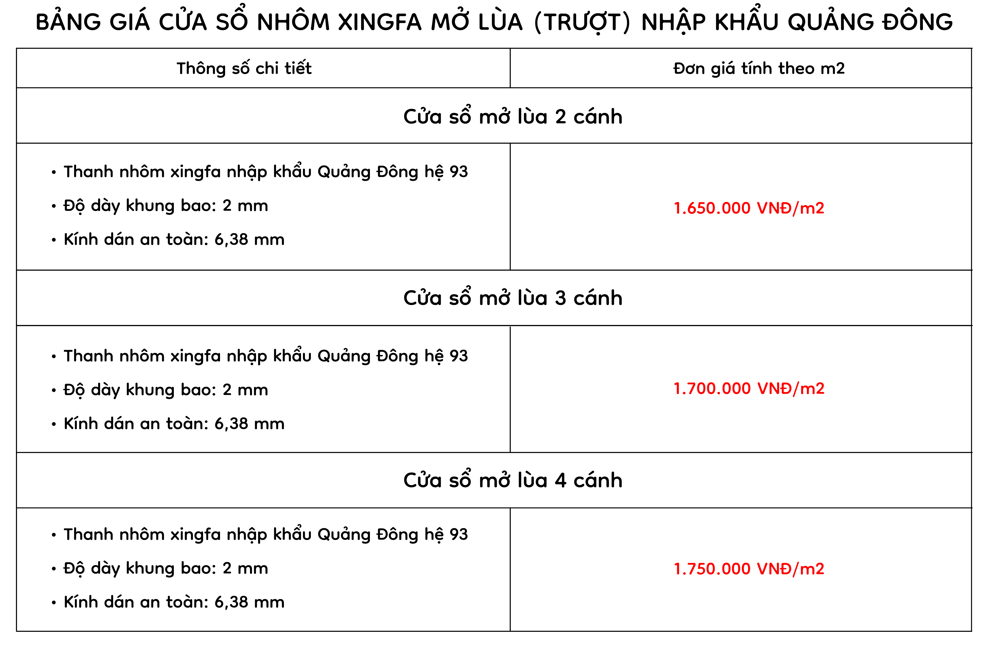 Bảng giá cửa sổ mở lùa Bảng giá cửa sổ mở lùa