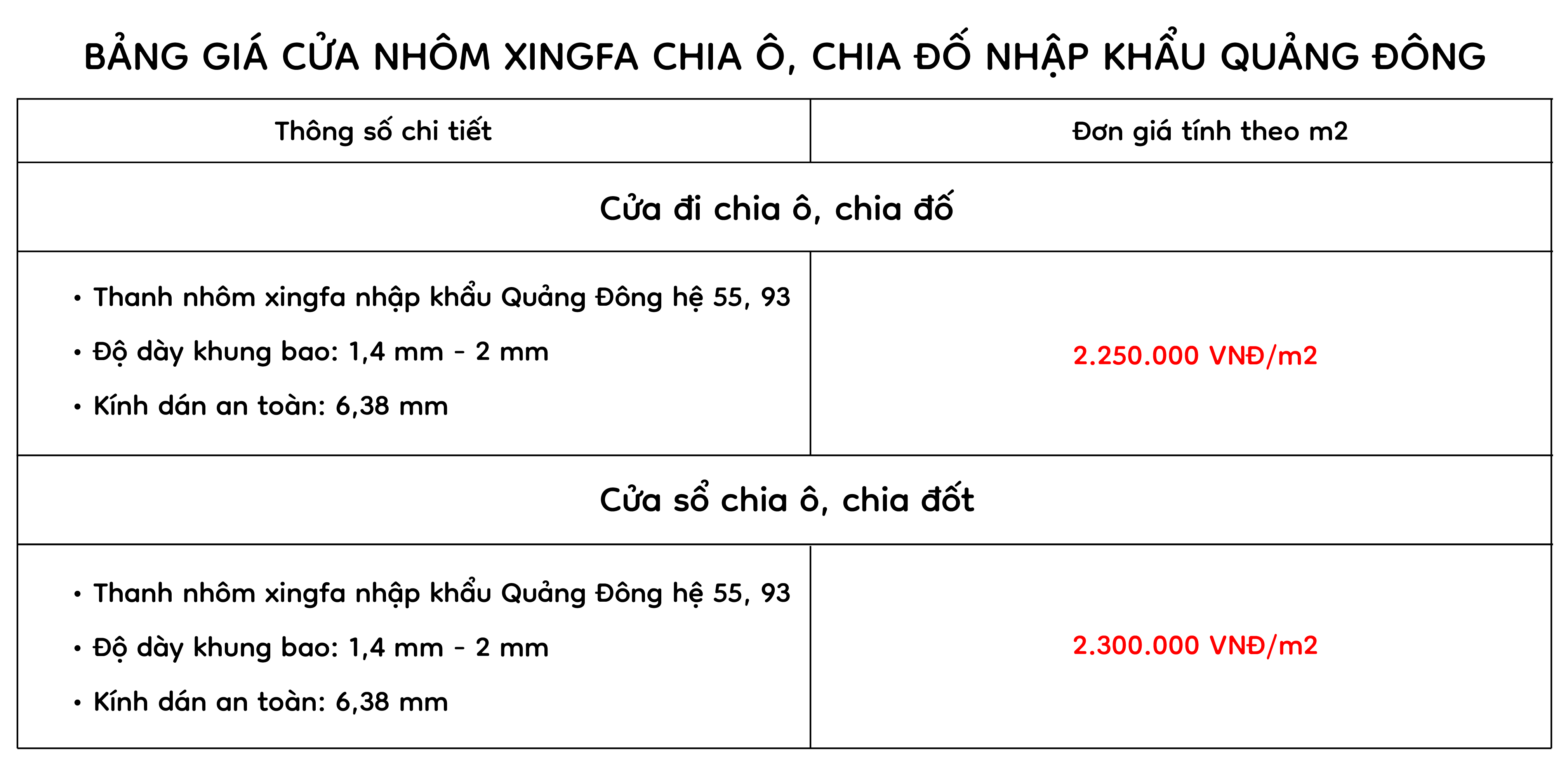 Báo giá cửa nhôm xingfa chia ô chia đố Báo giá cửa nhôm xingfa chia ô chia đố